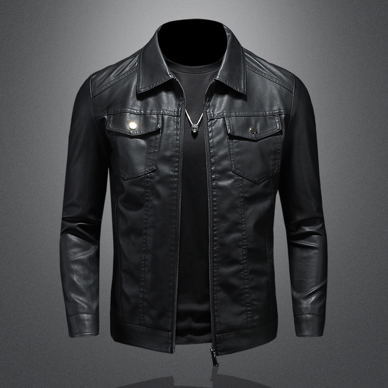 Leather Work Jacket Mens - Мужская кожаная куртка с отложным воротником,